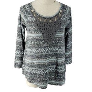 Massini Grey Aztec Pattern Lightweight Crochet‎ Trim Size Small Sweater